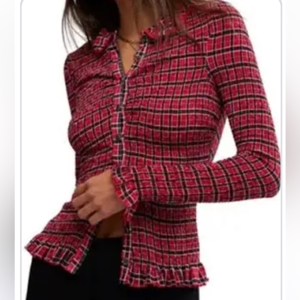 Free People smocked plaid Red and Black Plaid Button-Up Shirt
